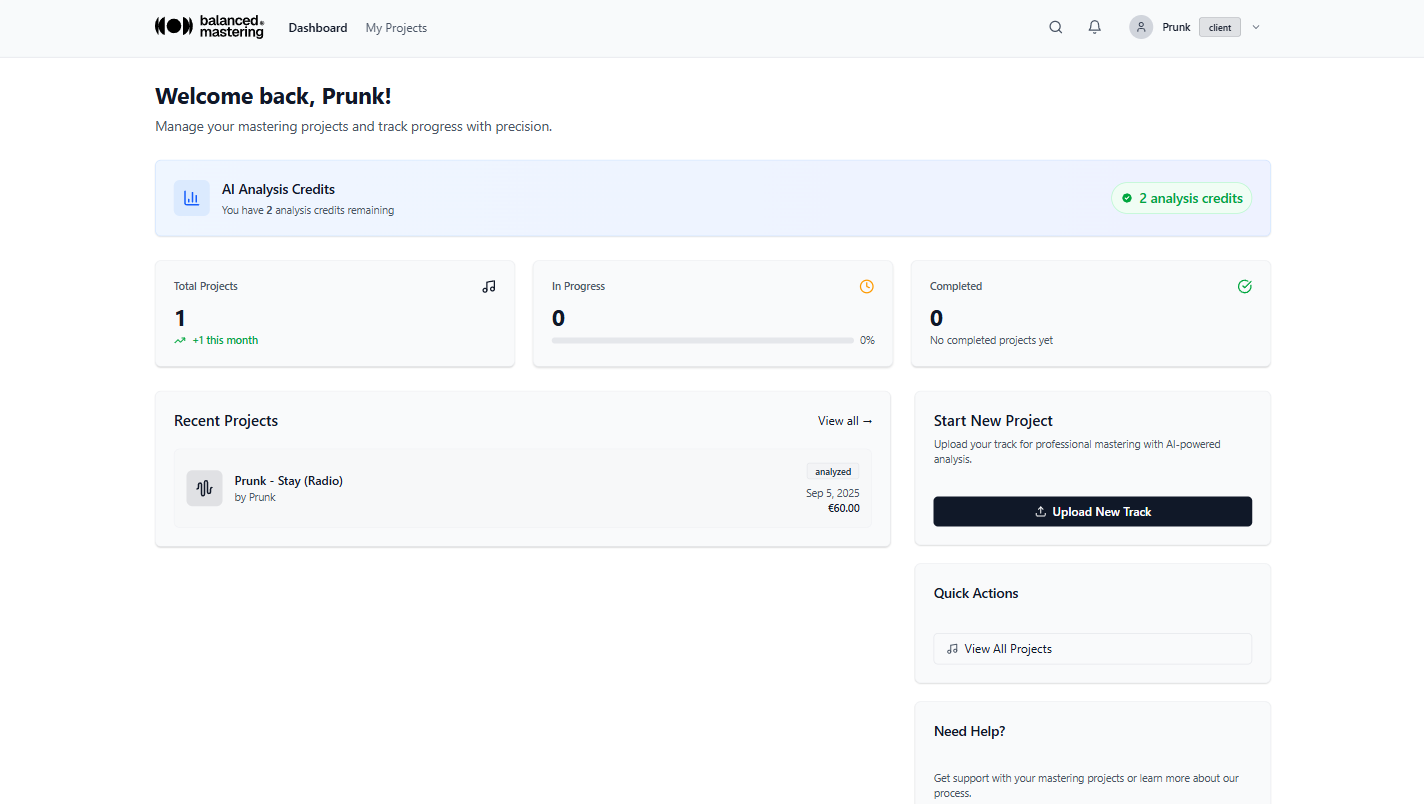 Platform screenshot showing DASHBOARD