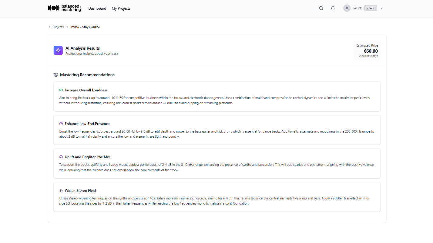 Platform screenshot showing MASTERING RECOMMENDATIONS