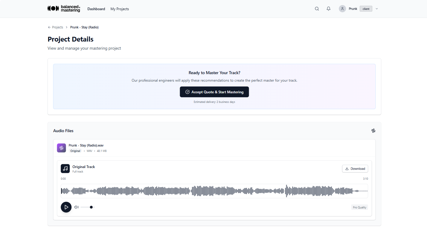 Platform screenshot showing QUOTE & START